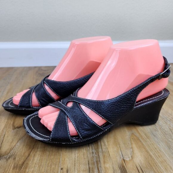 🐞Dockers Black Leather Wedge Sandals Size 6 - Picture 5 of 12
